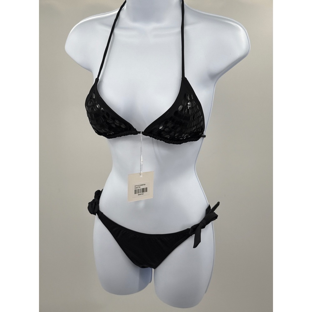 Envya Womens Black Sequin Triangle Bikini Set Halter Tie Two Piece XS S0670A